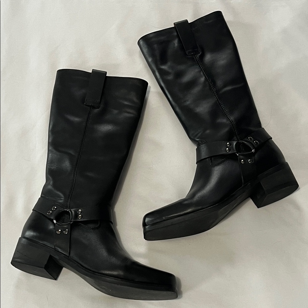 Black Women's Mid-Calf Combat Boots with Harness Strap